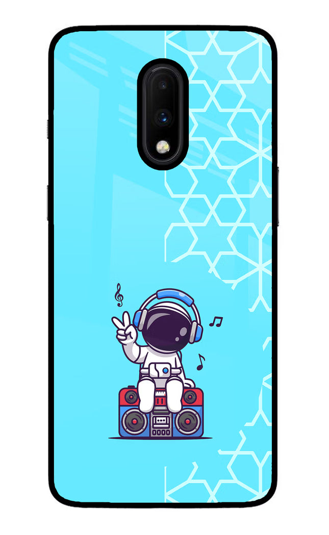 Cute Astronaut Chilling Oneplus 7 Glass Case Back Cover by Casekaro