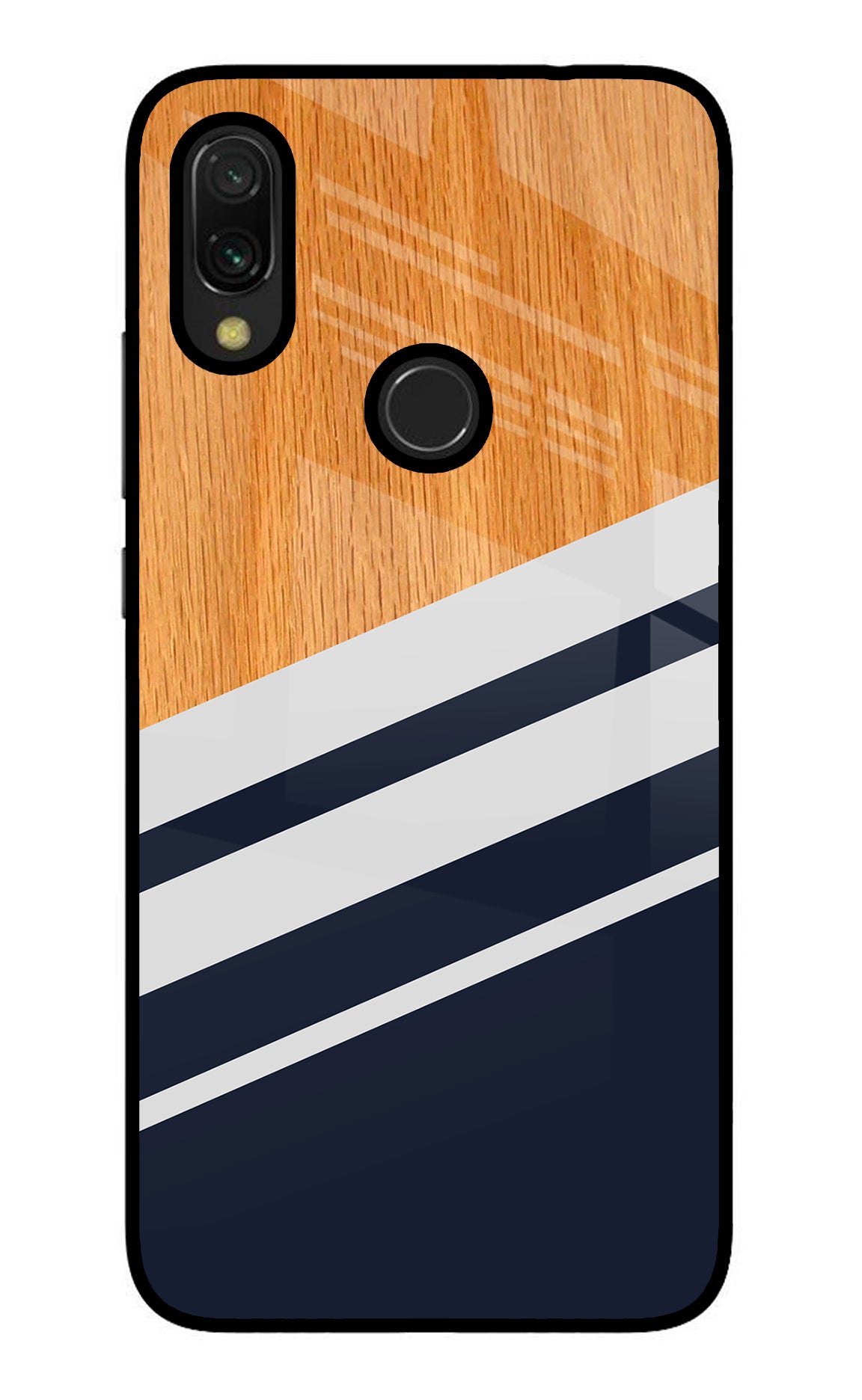 Blue and white wooden Redmi 7 Glass Case