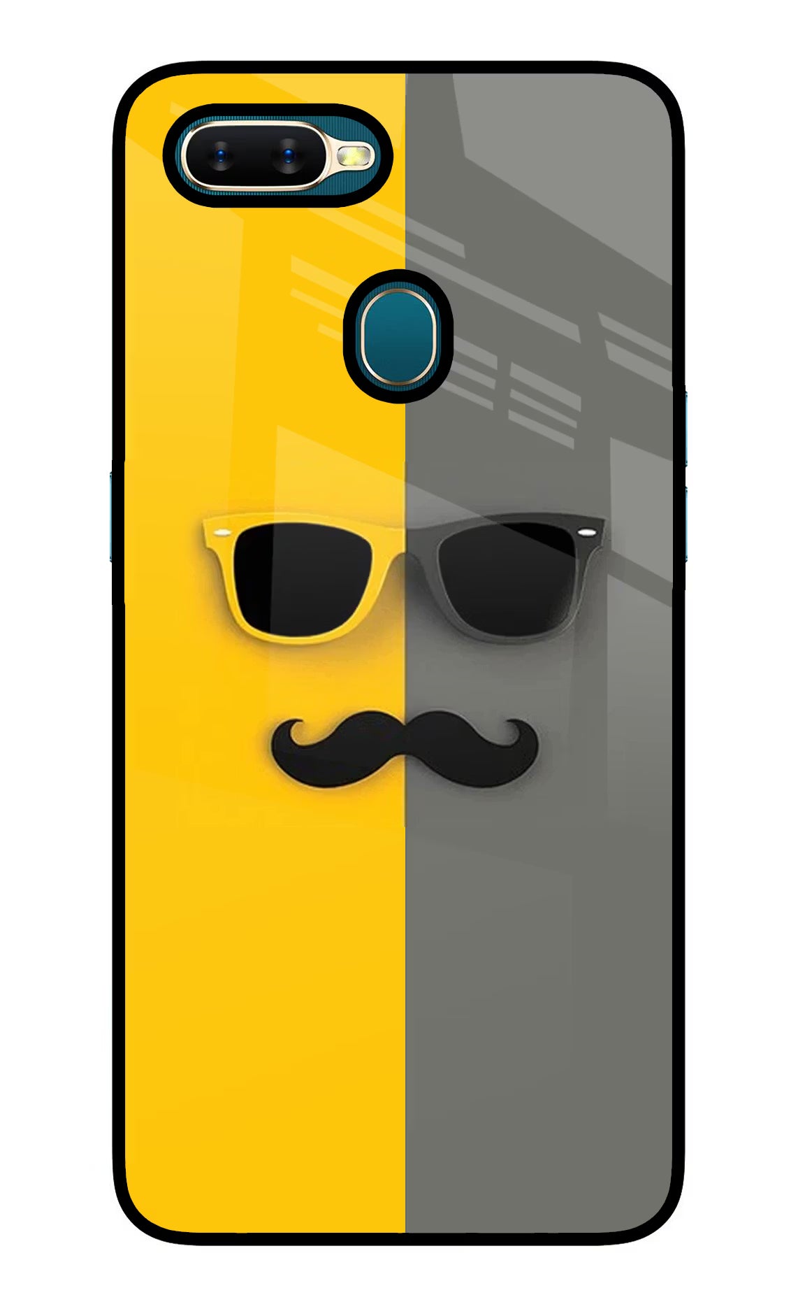 Sunglasses with Mustache Oppo A7/A5s/A12 Glass Case Back Cover by Casekaro