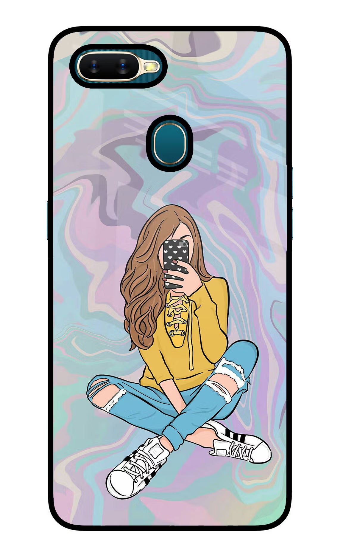 Selfie Girl Oppo A7/A5s/A12 Glass Case Back Cover by Casekaro