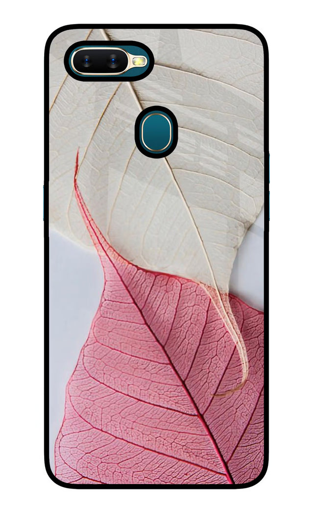 White Pink Leaf Oppo A7/A5s/A12 Glass Case Back Cover by Casekaro