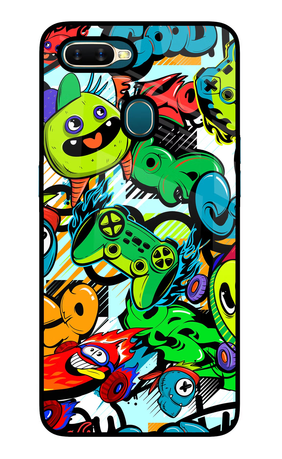 Game Doodle Oppo A7/A5s/A12 Glass Case Back Cover by Casekaro