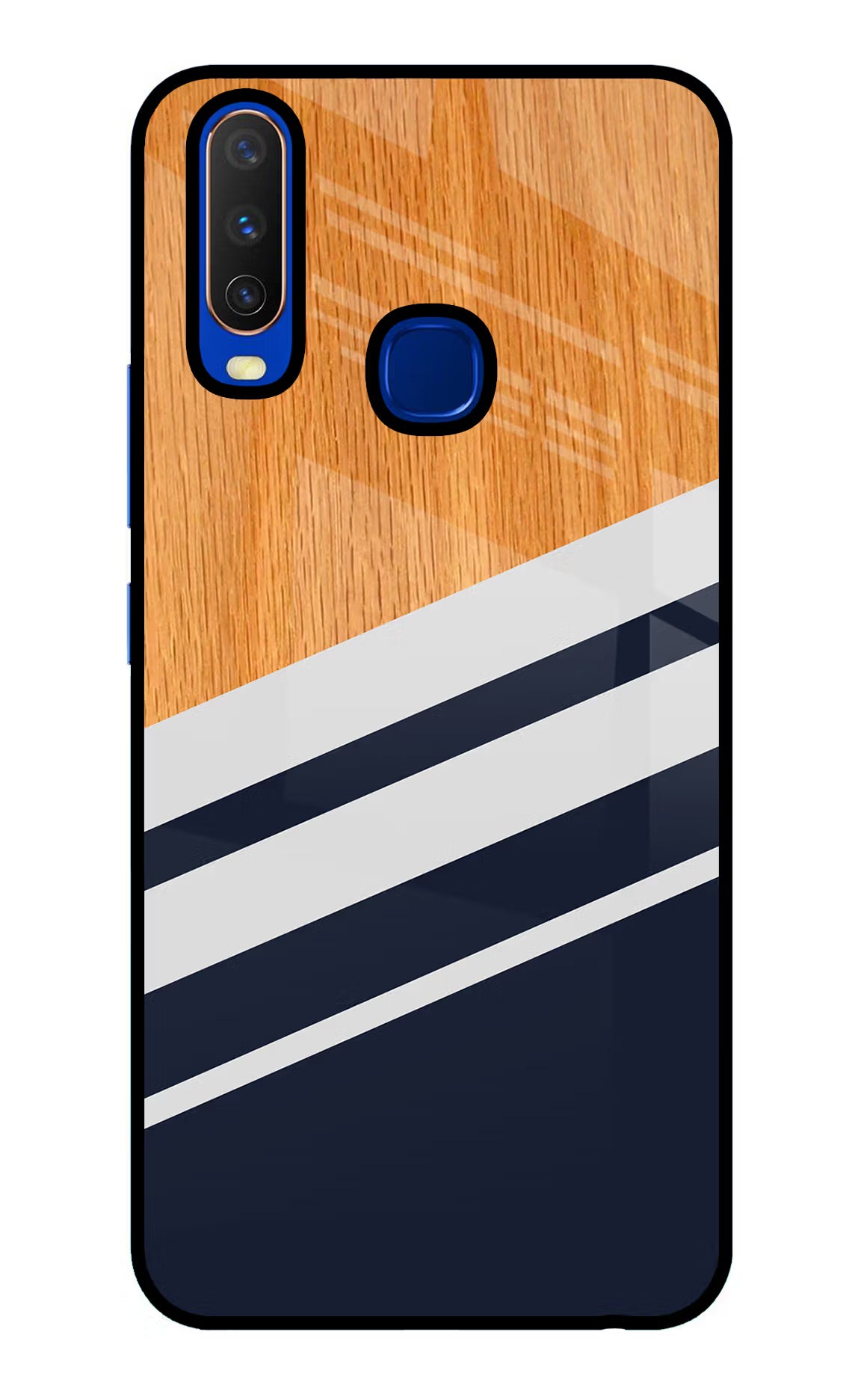 Blue and white wooden Vivo Y15/Y17 Glass Case Back Cover by Casekaro
