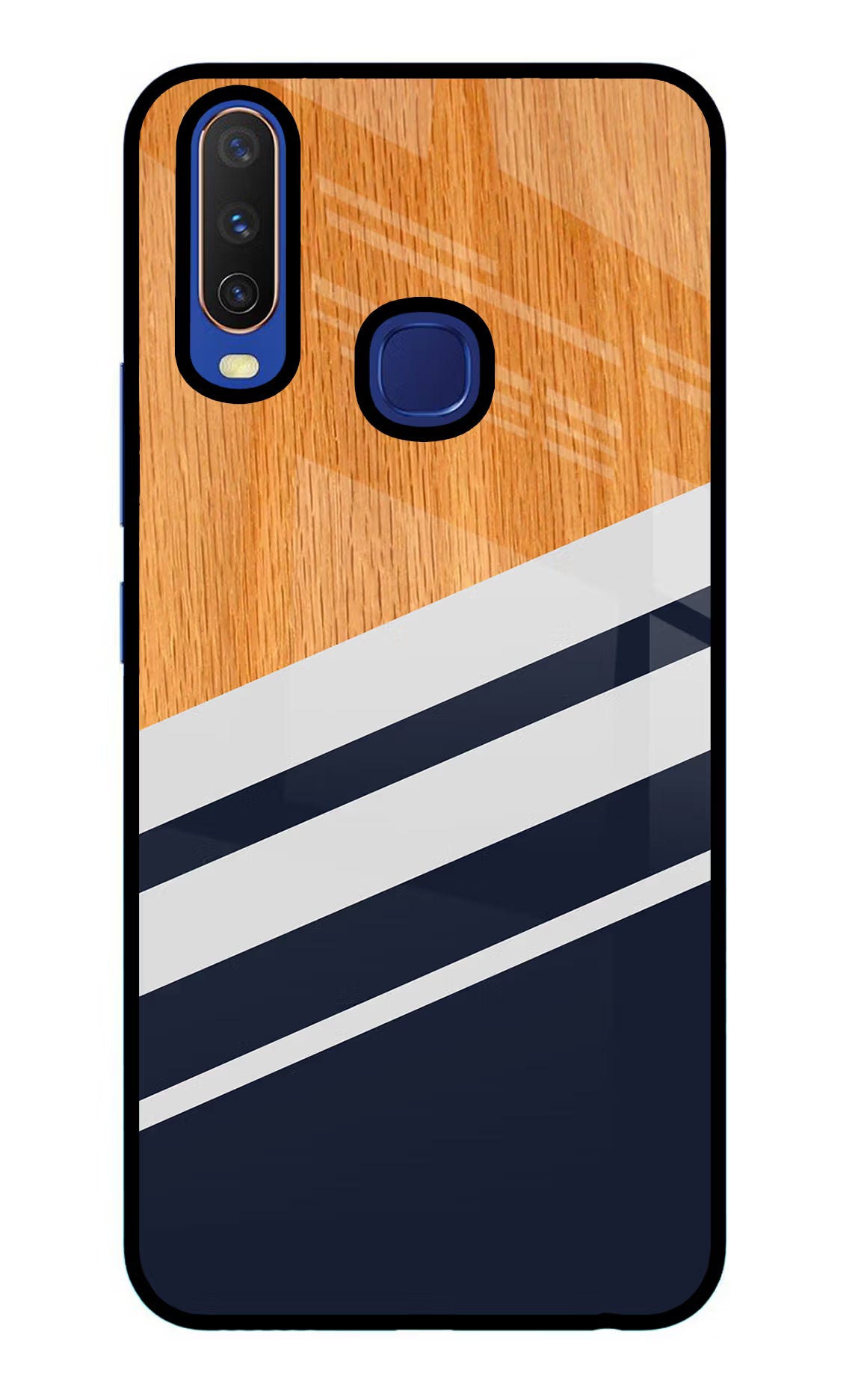 Blue and white wooden Vivo Y11/Y12/U10 Glass Case Back Cover by Casekaro