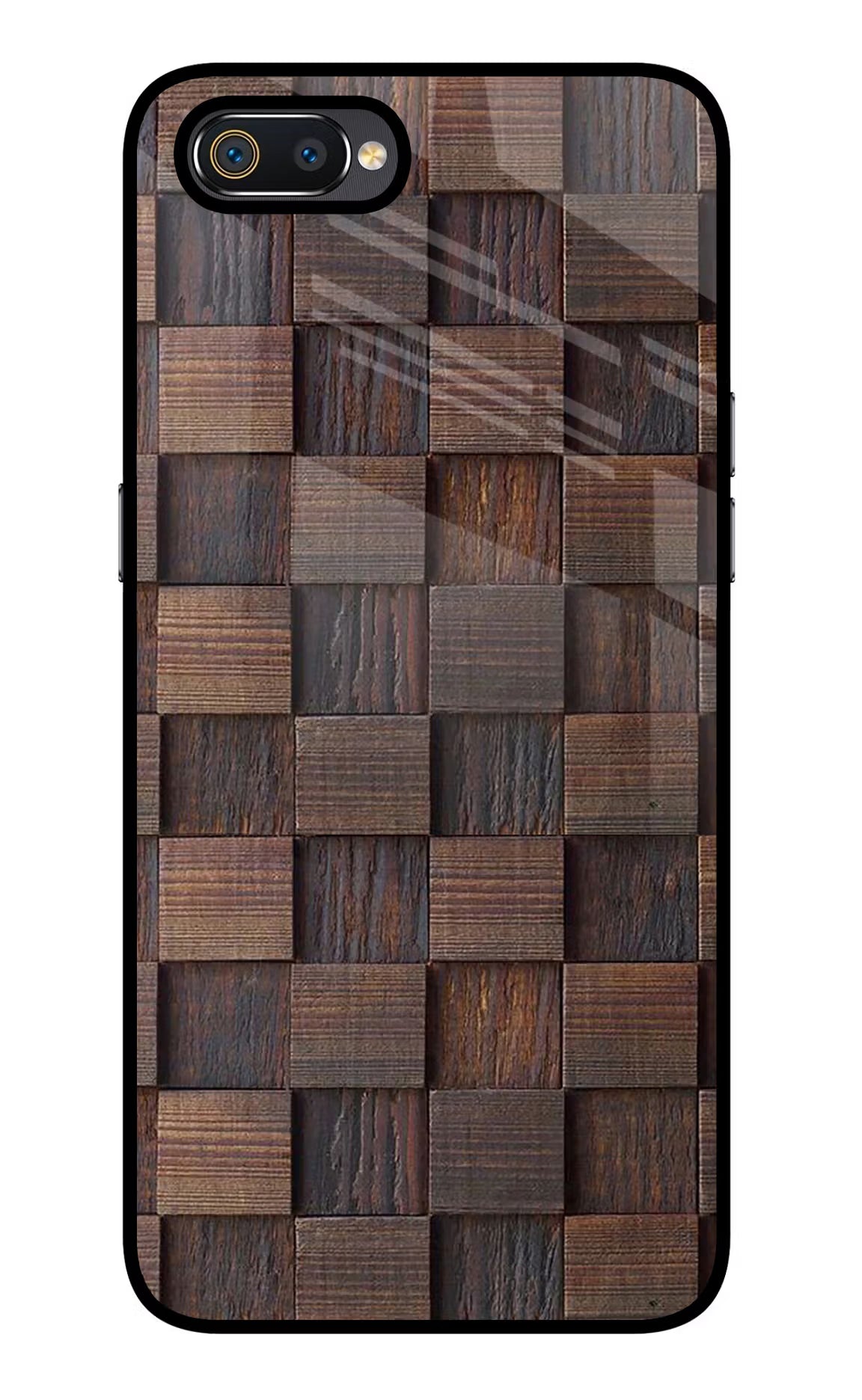 Wooden Cube Design Realme C2 Glass Case Back Cover by Casekaro