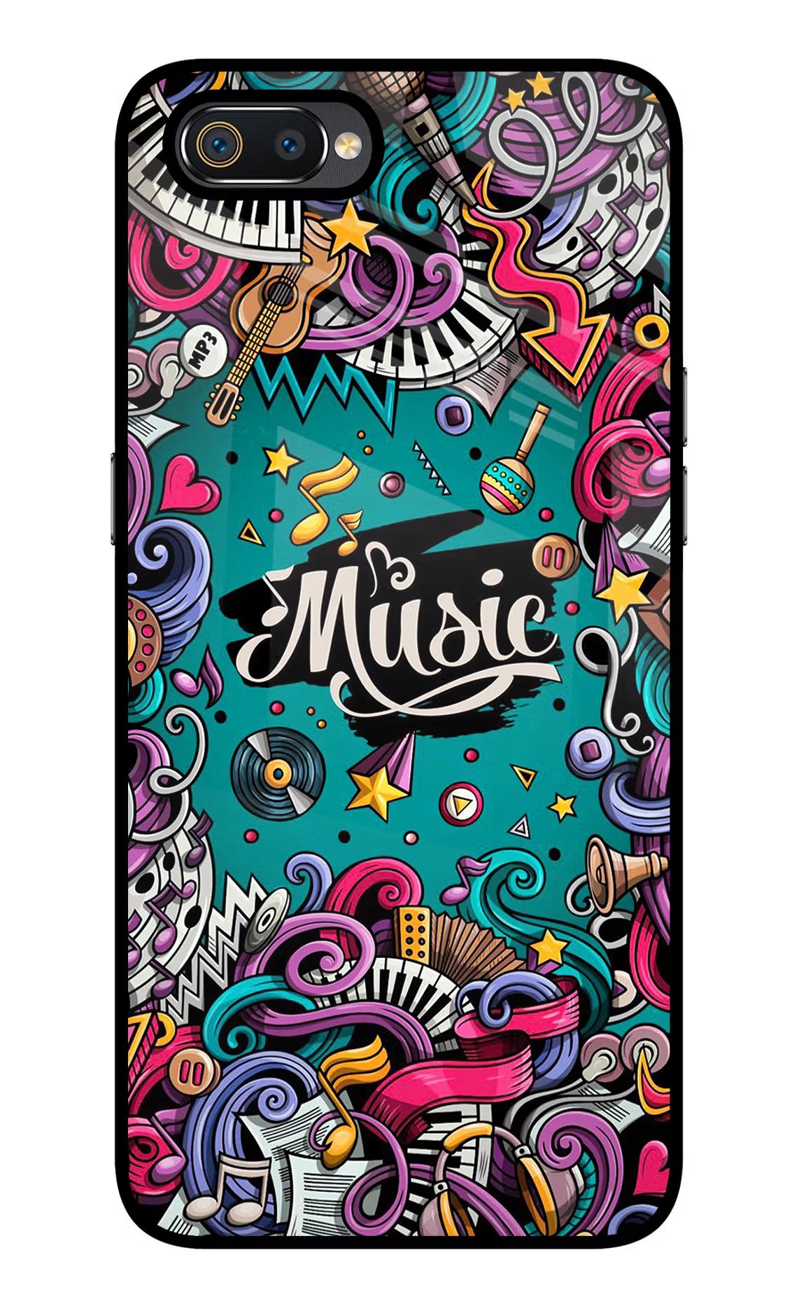 Music Graffiti Realme C2 Glass Case Back Cover by Casekaro