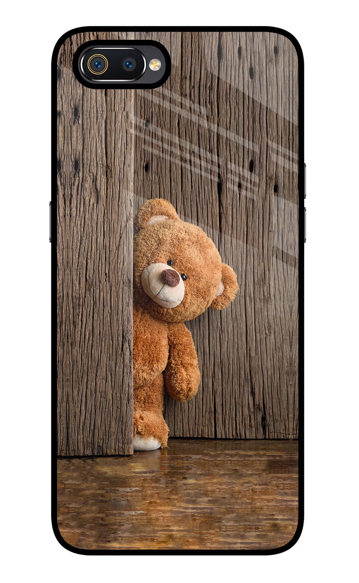 Teddy Wooden Realme C2 Glass Case Back Cover by Casekaro