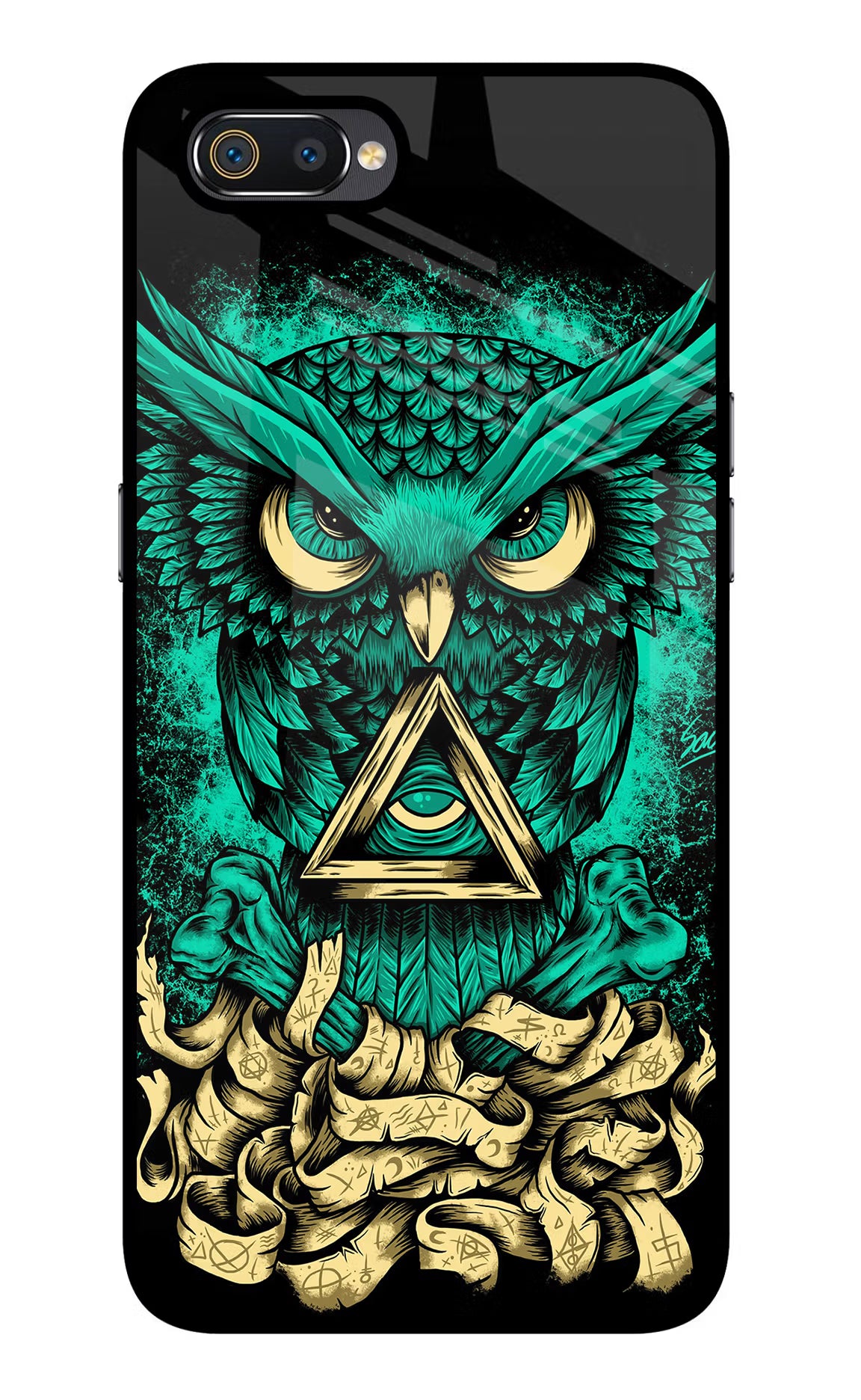 Green Owl Realme C2 Glass Case Back Cover by Casekaro