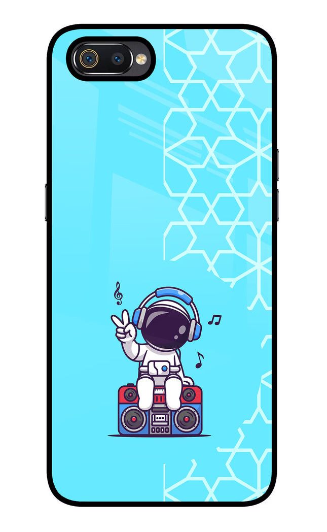 Cute Astronaut Chilling Realme C2 Glass Case Back Cover by Casekaro