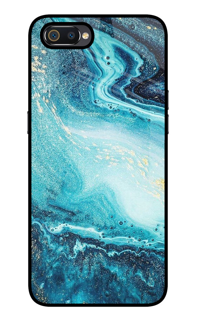 Blue Glitter Marble Realme C2 Glass Case Back Cover by Casekaro
