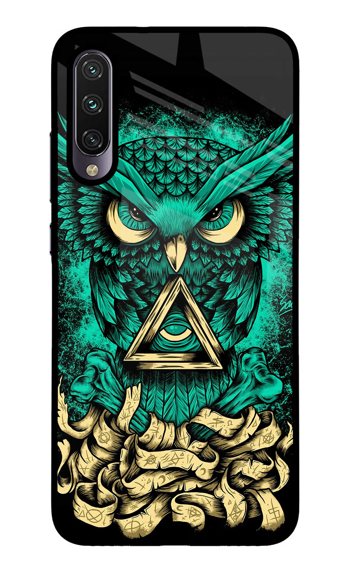 Green Owl Mi A3 Glass Case Back Cover by Casekaro