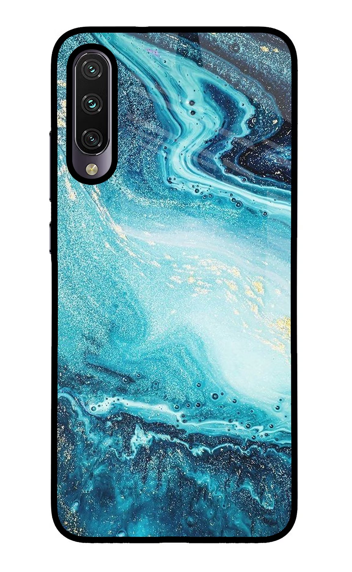 Blue Glitter Marble Mi A3 Glass Case Back Cover by Casekaro