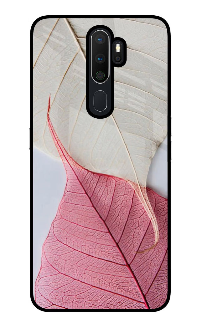 White Pink Leaf Oppo A5 2020/A9 2020 Glass Case Back Cover by Casekaro
