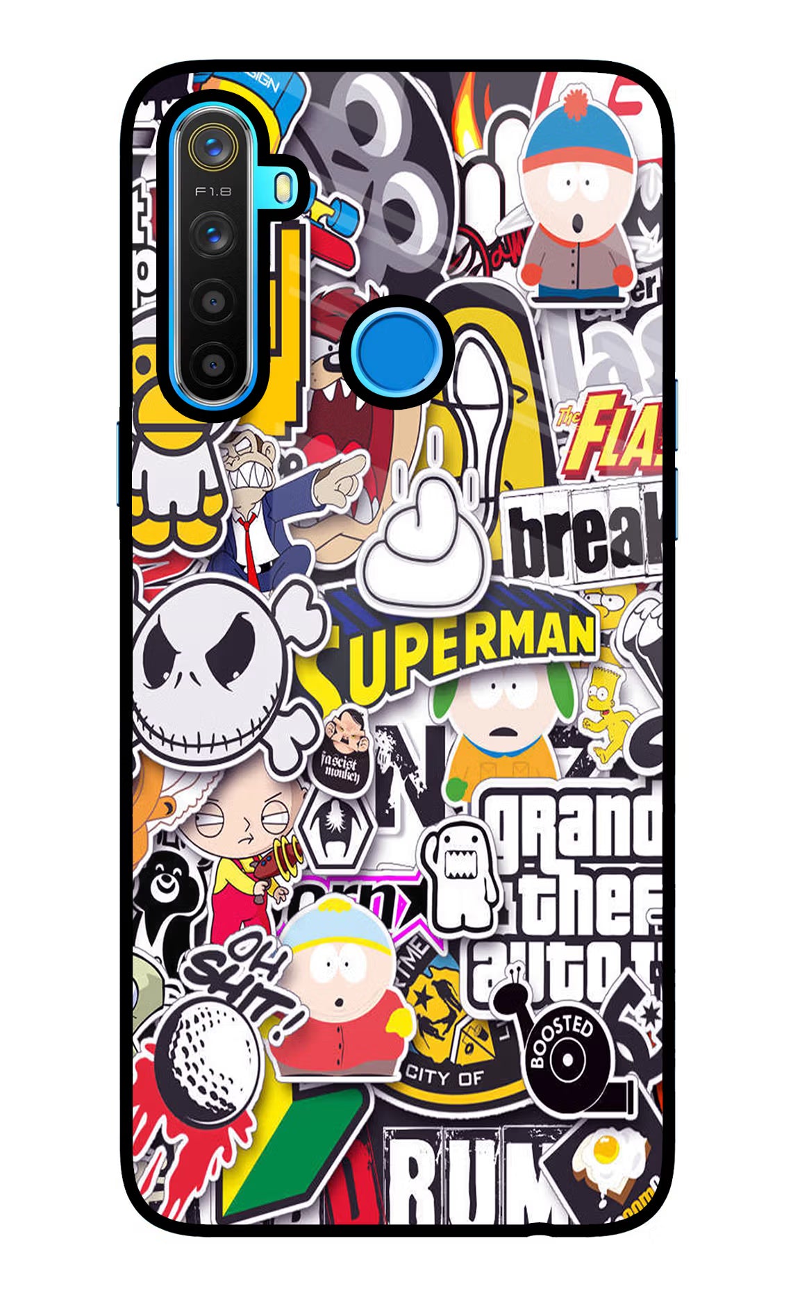 Sticker Bomb Realme 5/5i/5s Glass Case Back Cover by Casekaro
