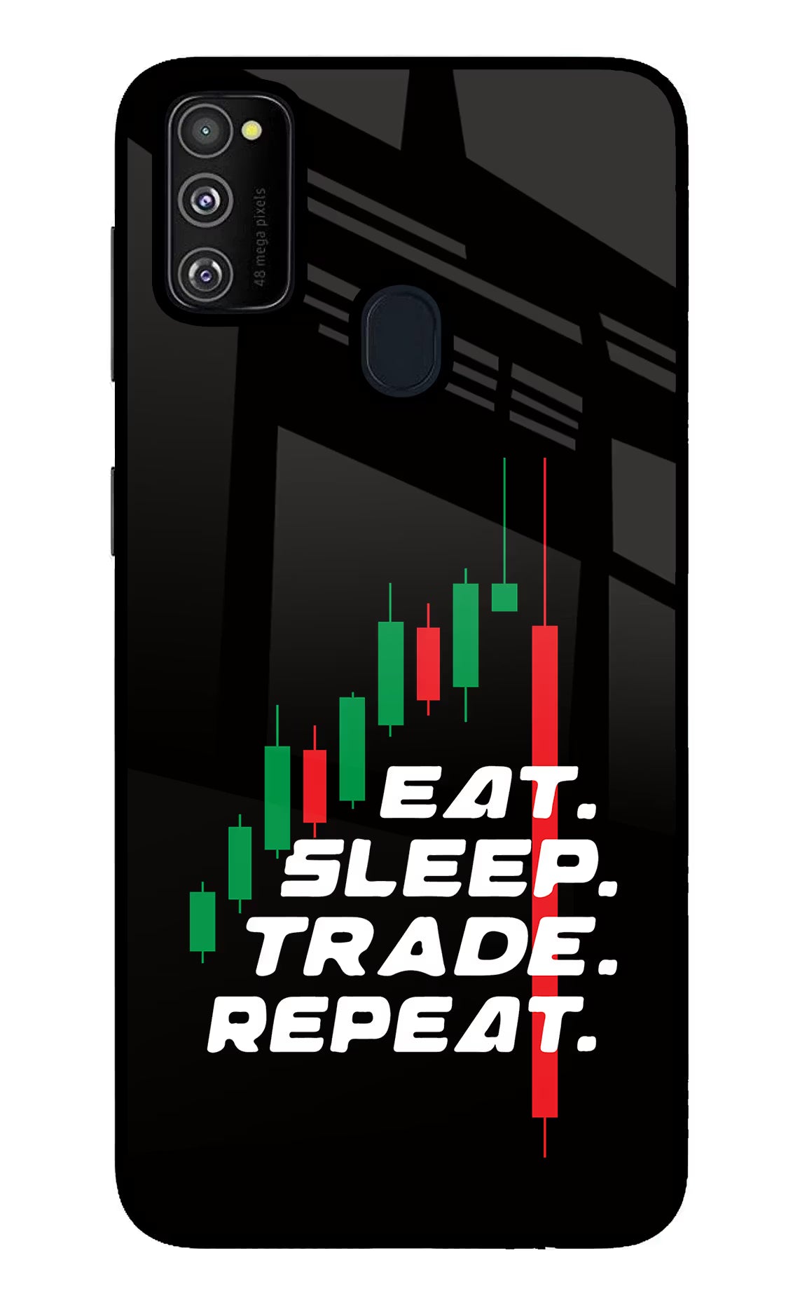 Eat Sleep Trade Repeat Samsung M30s Glass Case Back Cover by Casekaro