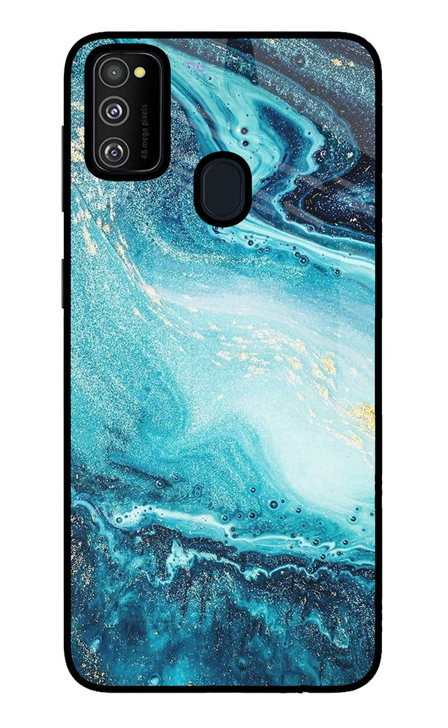 Blue Glitter Marble Samsung M30s Glass Case Back Cover by Casekaro