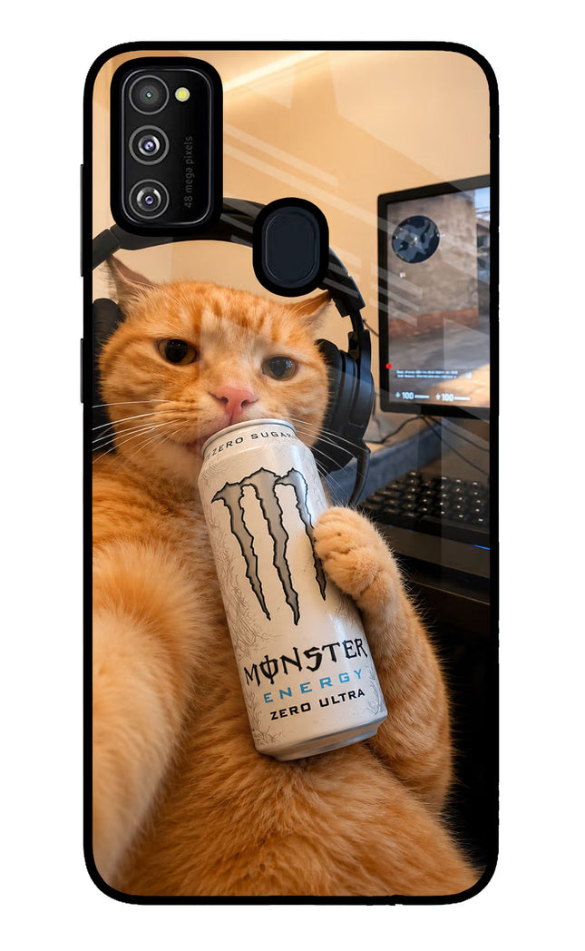 Gamer Cat Energy Samsung M30s Glass Case Back Cover by Casekaro