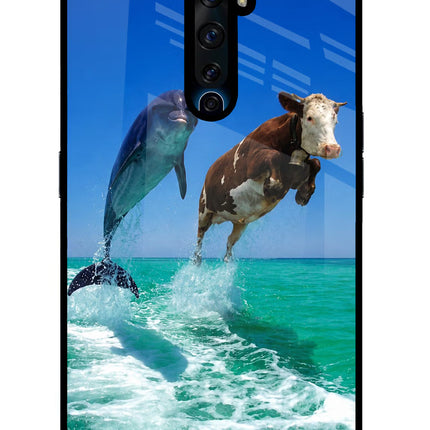 Dolphin vs Cow Oppo Reno2 Z Glass Case Back Cover by Casekaro