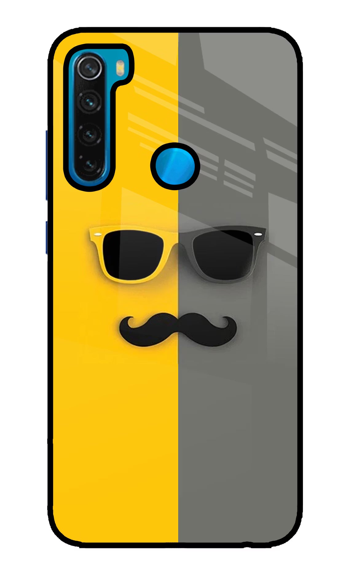 Sunglasses with Mustache Redmi Note 8 Glass Case Back Cover by Casekaro