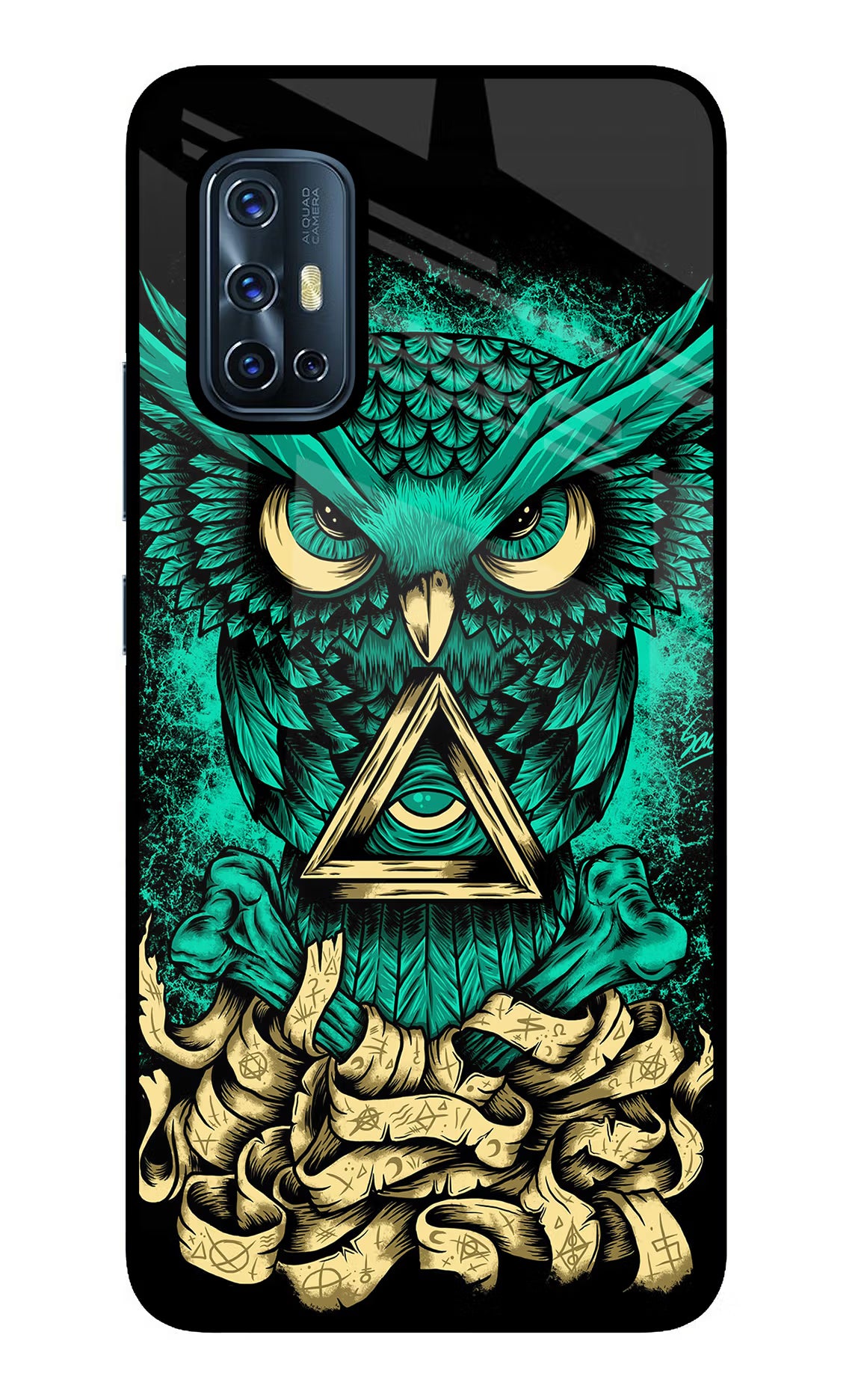 Green Owl Vivo V17 Glass Case Back Cover by Casekaro