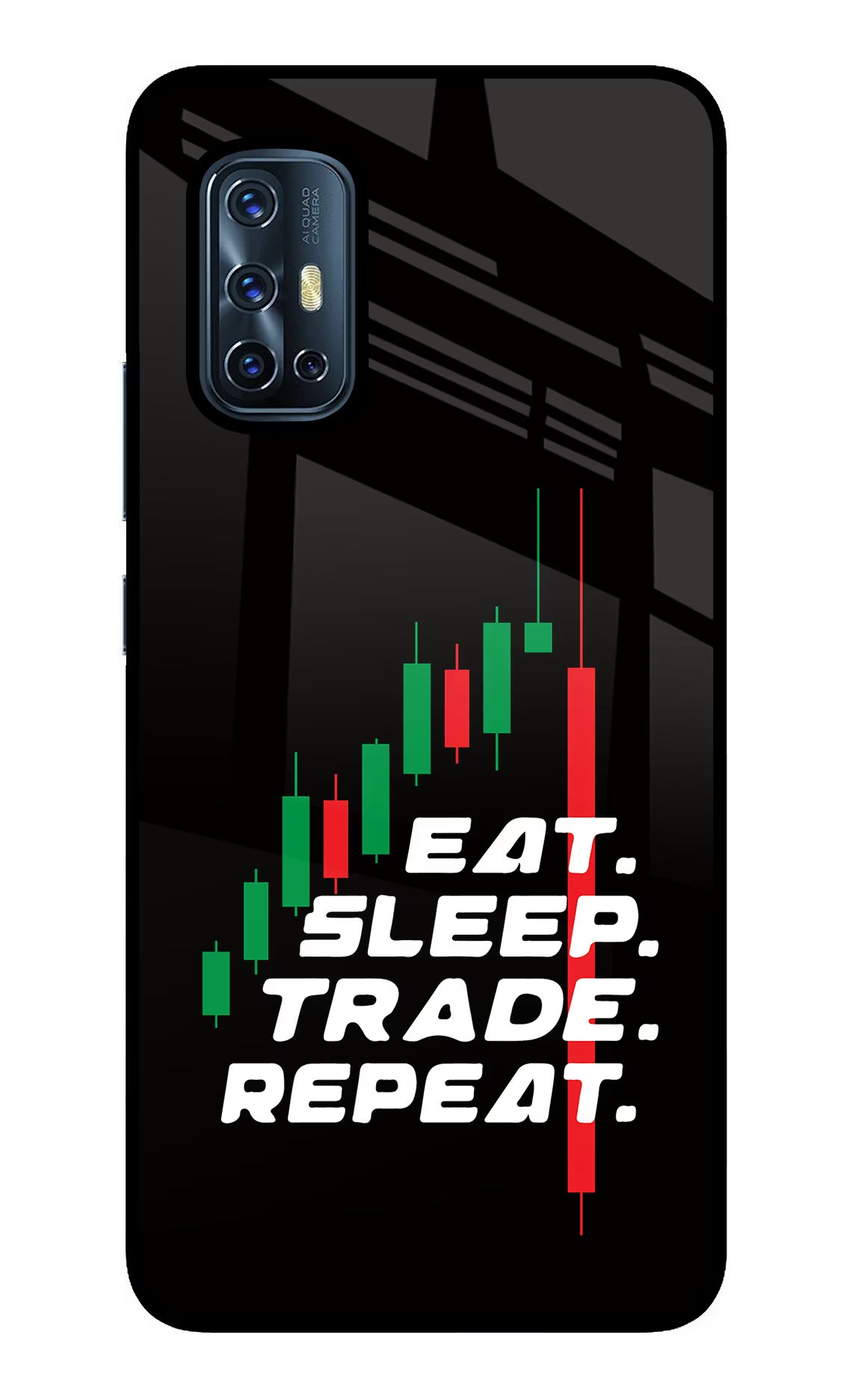 Eat Sleep Trade Repeat Vivo V17 Glass Case Back Cover by Casekaro
