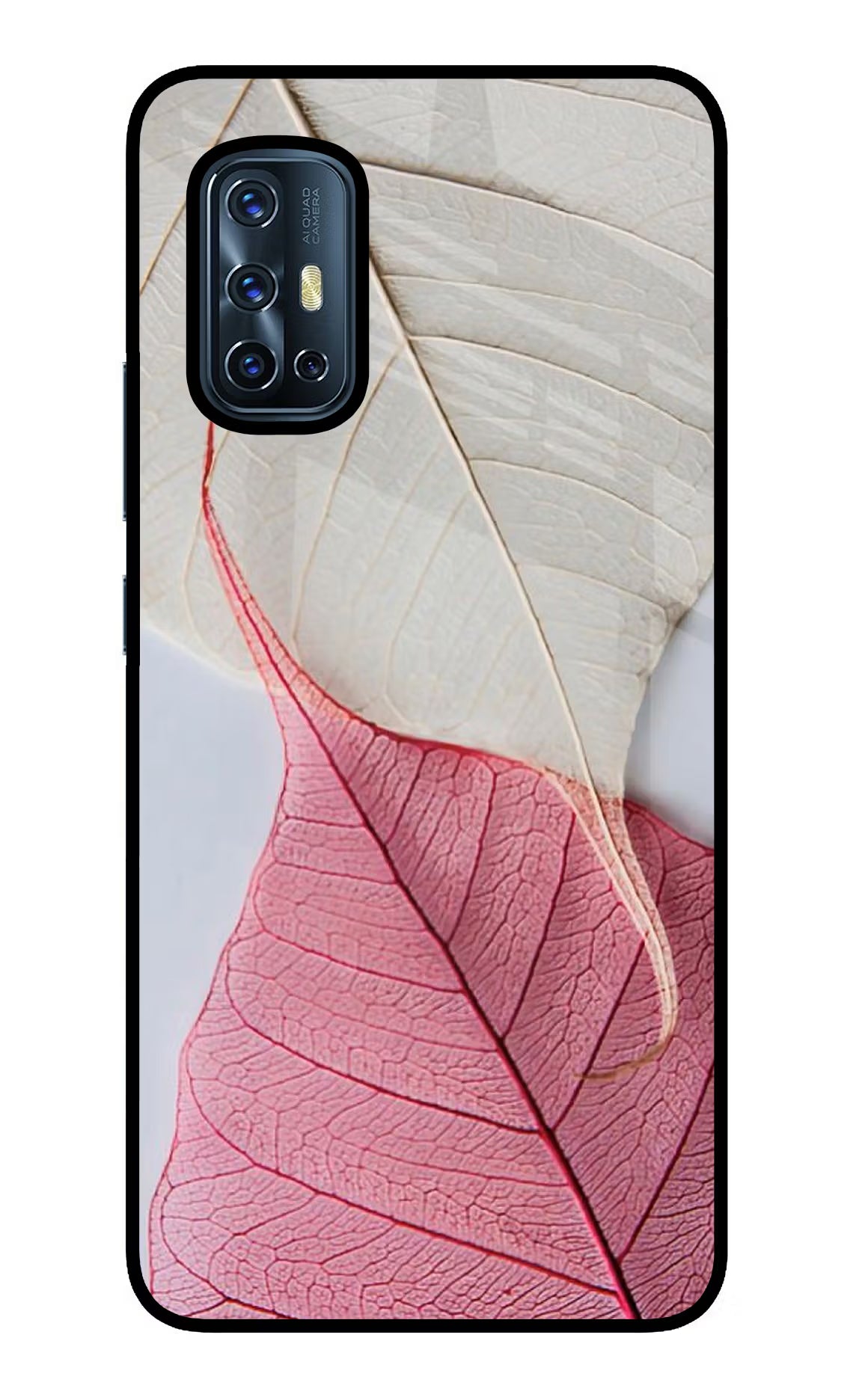 White Pink Leaf Vivo V17 Glass Case Back Cover by Casekaro