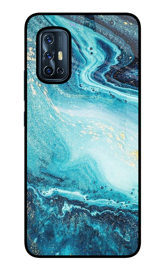 Blue Glitter Marble Vivo V17 Glass Case Back Cover by Casekaro