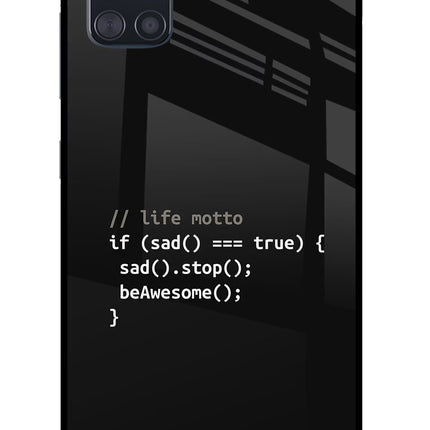 Life Motto Code Samsung A51 Glass Case Back Cover by Casekaro