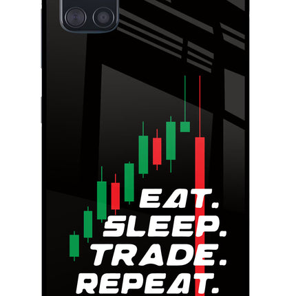 Eat Sleep Trade Repeat Samsung A51 Glass Case Back Cover by Casekaro