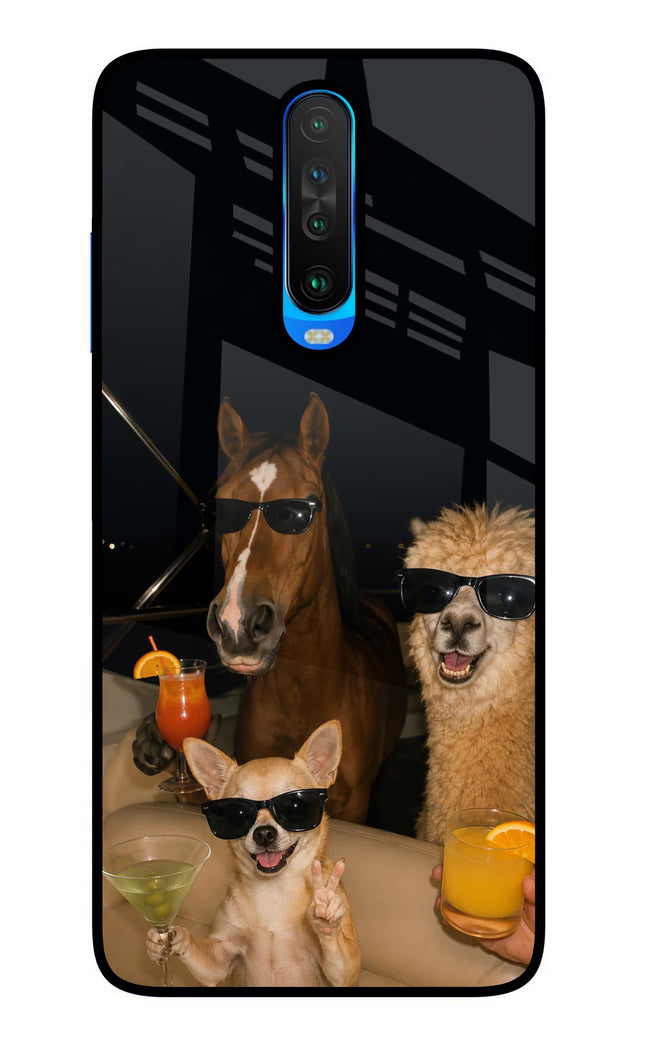Party Squad Poco X2 Glass Case Back Cover by Casekaro