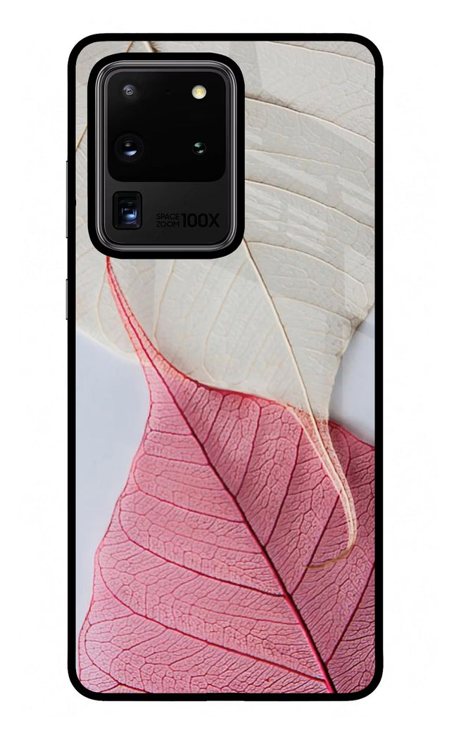 White Pink Leaf Samsung S20 Ultra Glass Case Back Cover by Casekaro