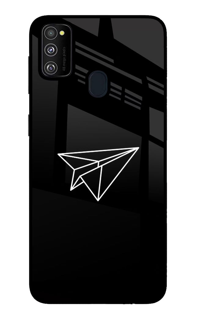 Paper Plane White Samsung M21 2020 Glass Case Back Cover by Casekaro