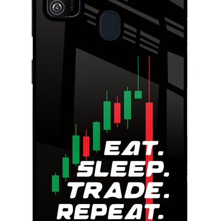 Eat Sleep Trade Repeat Samsung M21 2020 Glass Case Back Cover by Casekaro