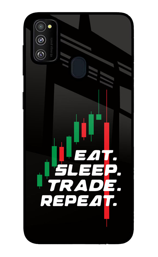 Eat Sleep Trade Repeat Samsung M21 2020 Glass Case Back Cover by Casekaro