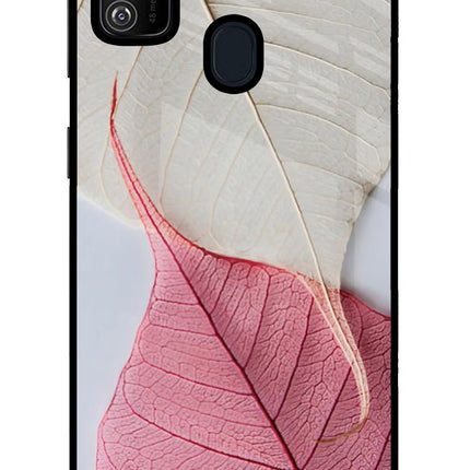 White Pink Leaf Samsung M21 2020 Glass Case Back Cover by Casekaro