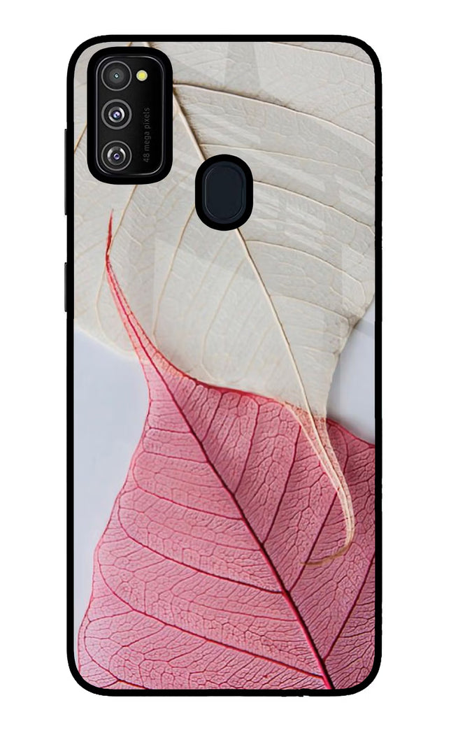 White Pink Leaf Samsung M21 2020 Glass Case Back Cover by Casekaro