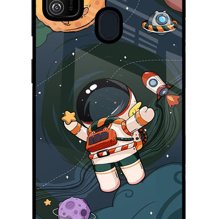 Cartoon Astronaut Samsung M21 2020 Glass Case Back Cover by Casekaro