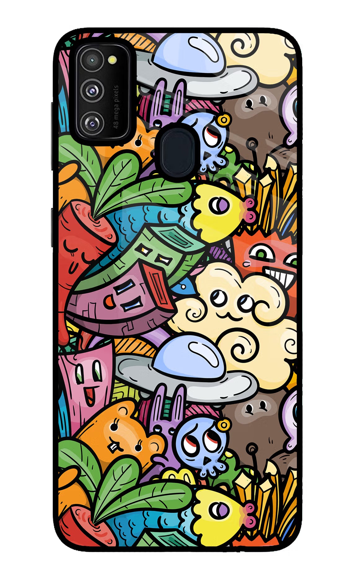 Veggie Doodle Samsung M21 2020 Glass Case Back Cover by Casekaro