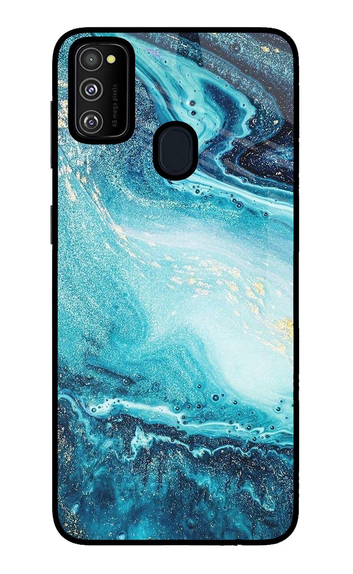 Blue Glitter Marble Samsung M21 2020 Glass Case Back Cover by Casekaro