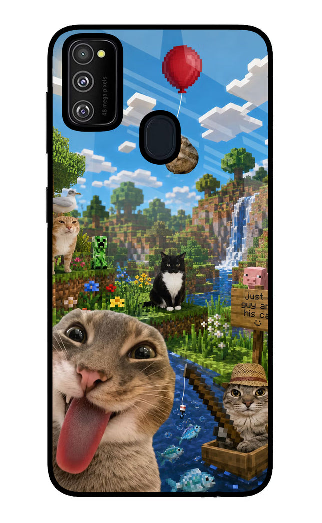 Minecraft Cat Chaos Samsung M21 2020 Glass Case Back Cover by Casekaro