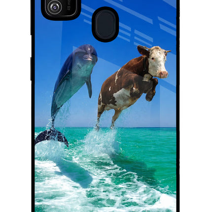 Dolphin vs Cow Samsung M21 2020 Glass Case Back Cover by Casekaro