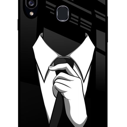 Black Tie Samsung A20s Glass Case Back Cover by Casekaro
