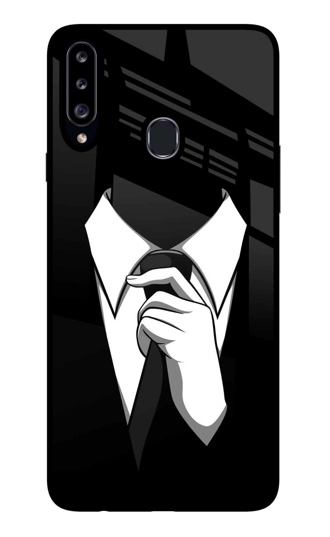 Black Tie Samsung A20s Glass Case Back Cover by Casekaro