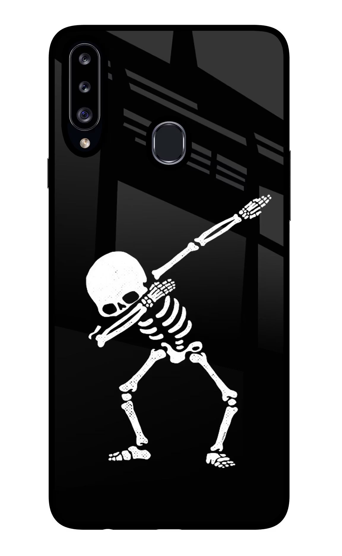 Dabbing Skeleton Art Samsung A20s Glass Case Back Cover by Casekaro