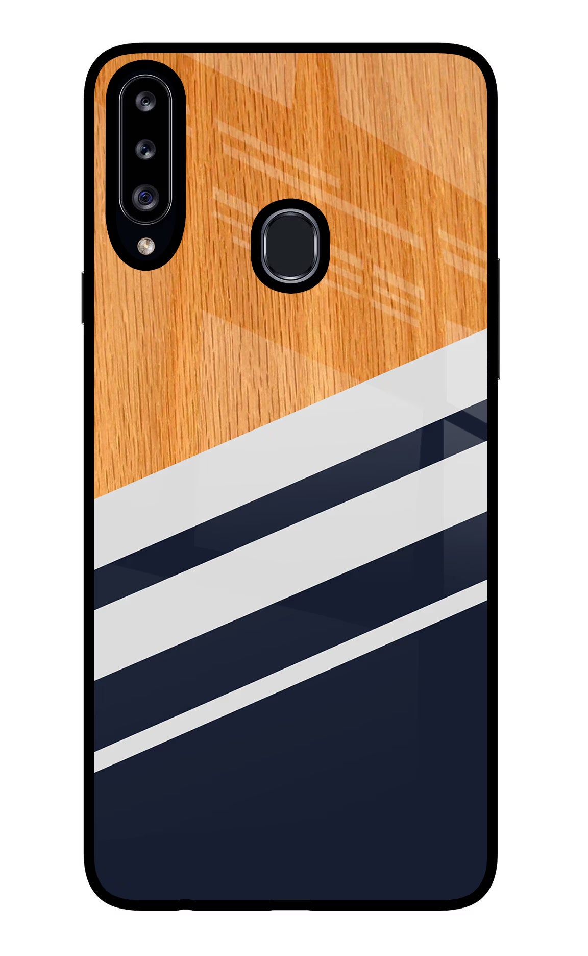Blue and white wooden Samsung A20s Glass Case Back Cover by Casekaro