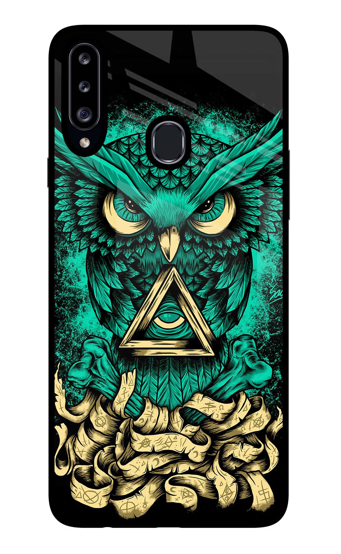 Green Owl Samsung A20s Glass Case