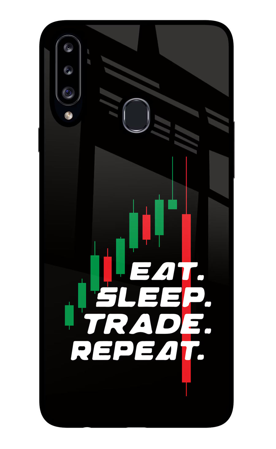 Eat Sleep Trade Repeat Samsung A20s Back Cover, Glass case
