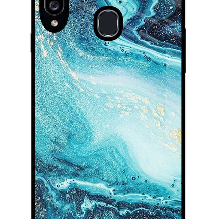 Blue Glitter Marble Samsung A20s Glass Case Back Cover by Casekaro