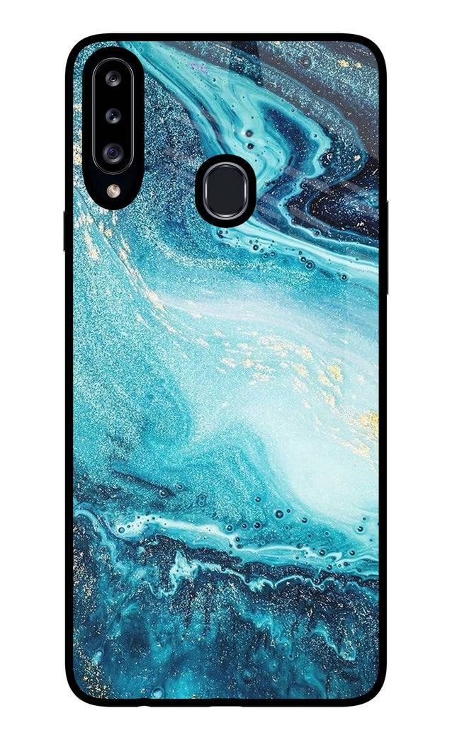 Blue Glitter Marble Samsung A20s Glass Case Back Cover by Casekaro