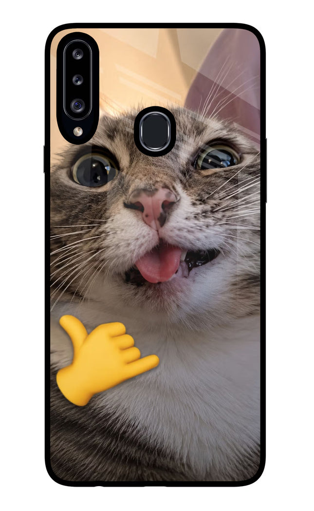 Silly Cat Call Samsung A20s Glass Case Back Cover by Casekaro